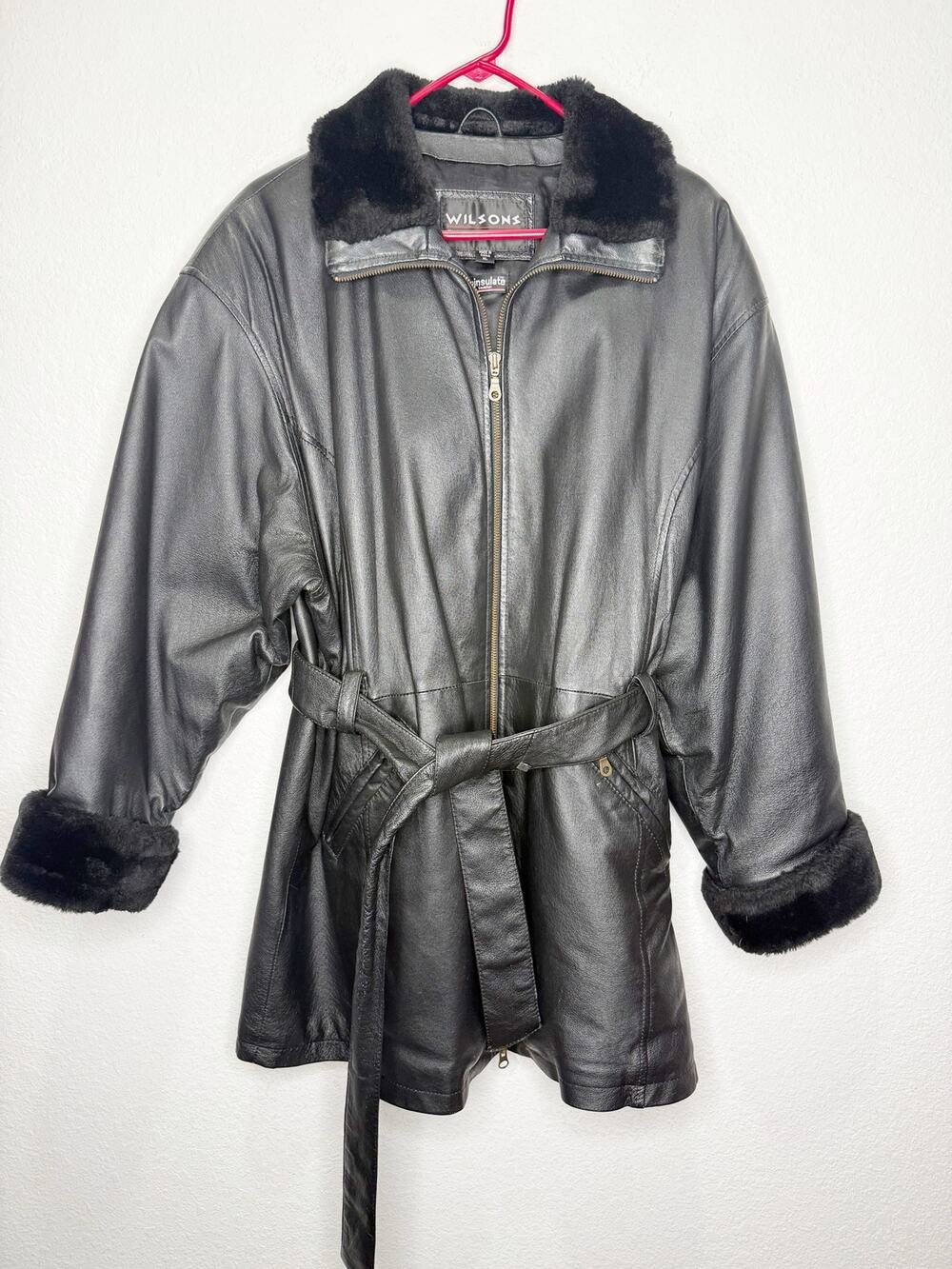 Vintage 90s Genuine Leather Wilsons Belted Faux Fur Trench Coat XL Black